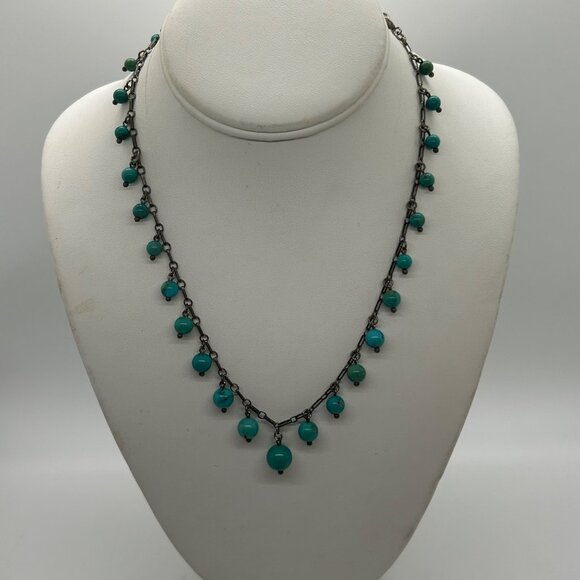 Antique Silvertone Necklace Turquoise Colored Beads, Thumbless Clasp Early 1900s - Picture 1 of 15